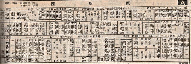 日本交通公社時刻表1990年12月号より抜粋した西都付近と日肥線の時刻