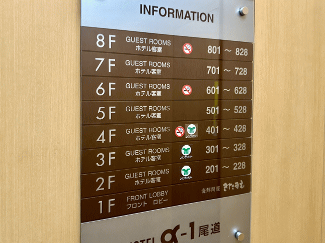 ホテル・アルファ-ワン尾道の禁煙と喫煙のフロア配置