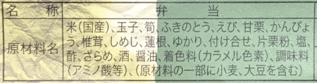 下野山菜弁当の原材料表示