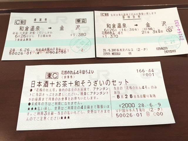 花嫁のれん4号の特急券と食事券（ほろ酔いセット）