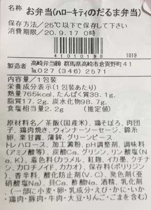 ハローキティのだるま弁当のラベル表示