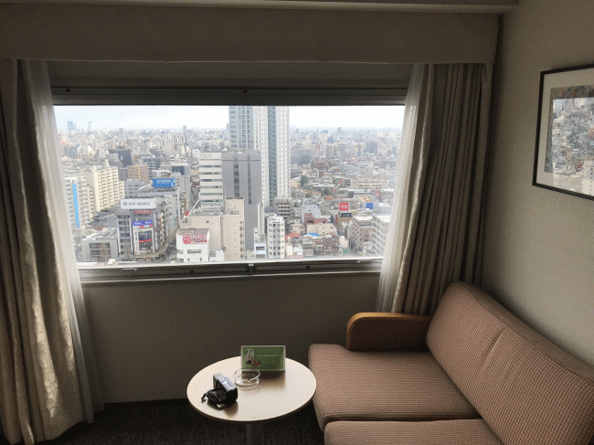 中野サンプラザの部屋の窓辺のソファ
