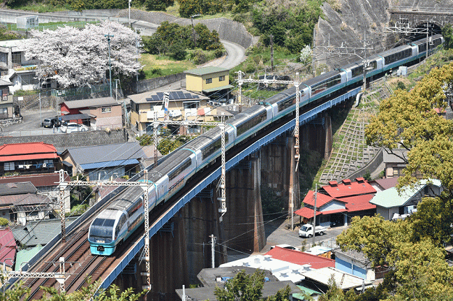 撮影地から撮影した石橋橋梁を渡る251系スーパービュー踊り子号