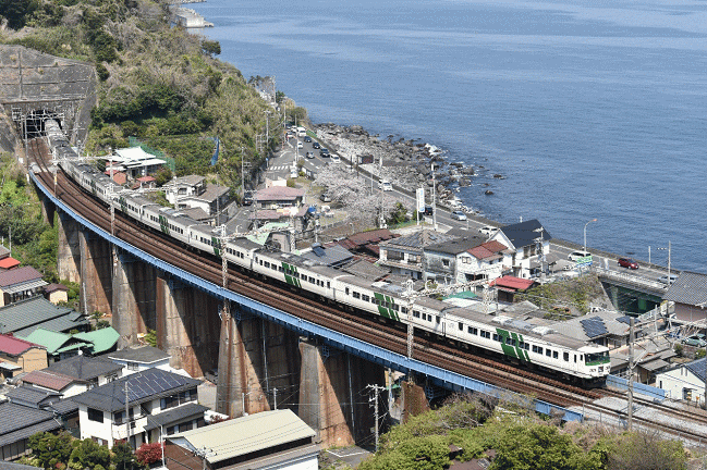 太平洋をバックに石橋橋梁を渡る185系の踊り子号