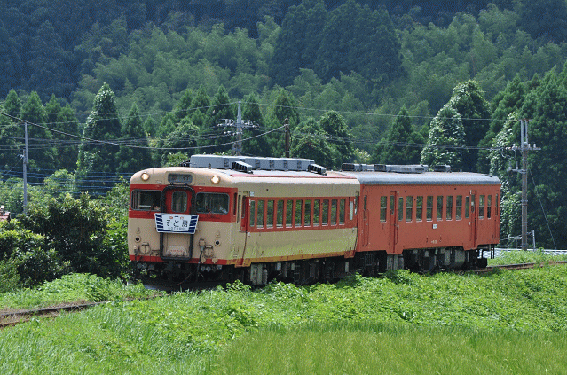 大山?神社近くの踏切より「キハ２８＋キハ５２」を撮影