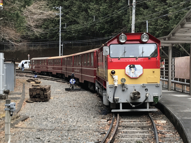 井川駅に停車中の南アルプスアプトラインのトロッコ列車