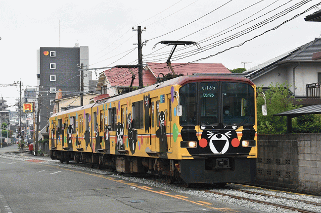 01形くまモンラッピング電車の御代志行を撮影