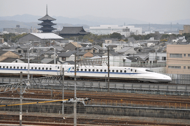 京都鉄道博物館の３階「スカイテラス」から見た東海道新幹線と東寺の眺め
