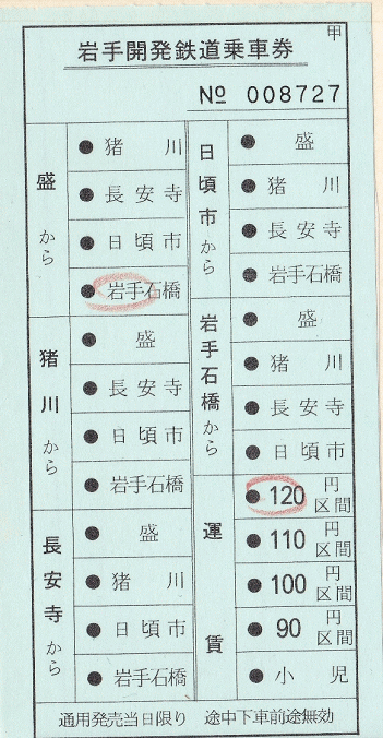 岩手開発鉄道の乗車券