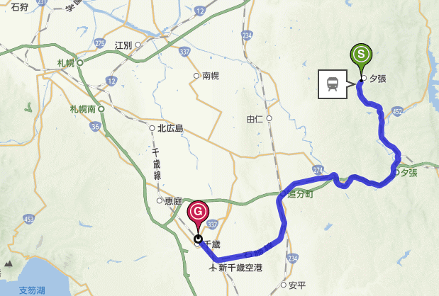 石勝線の夕張支線の旅の経路図