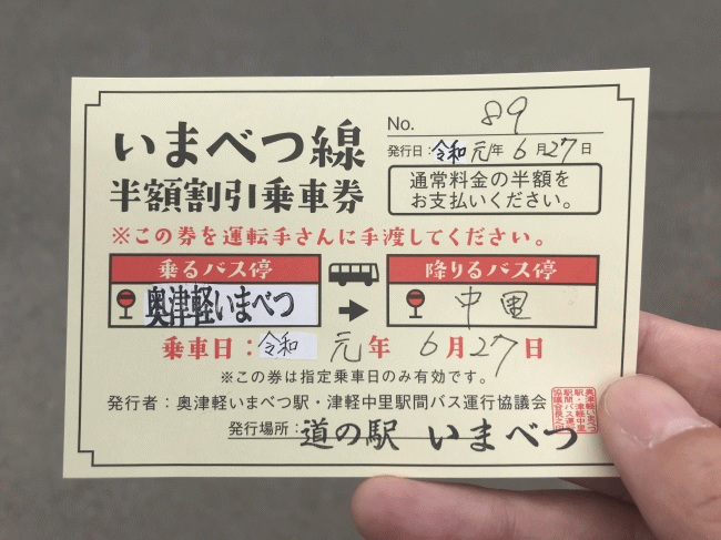 道の駅いまべつ発行の、弘南バスいまべつ線の半額割引乗車券