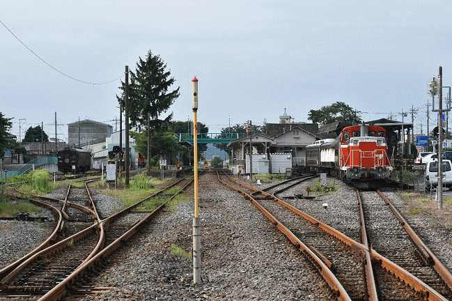 大間々駅の北側踏切から車両基地も併設された構内を見る